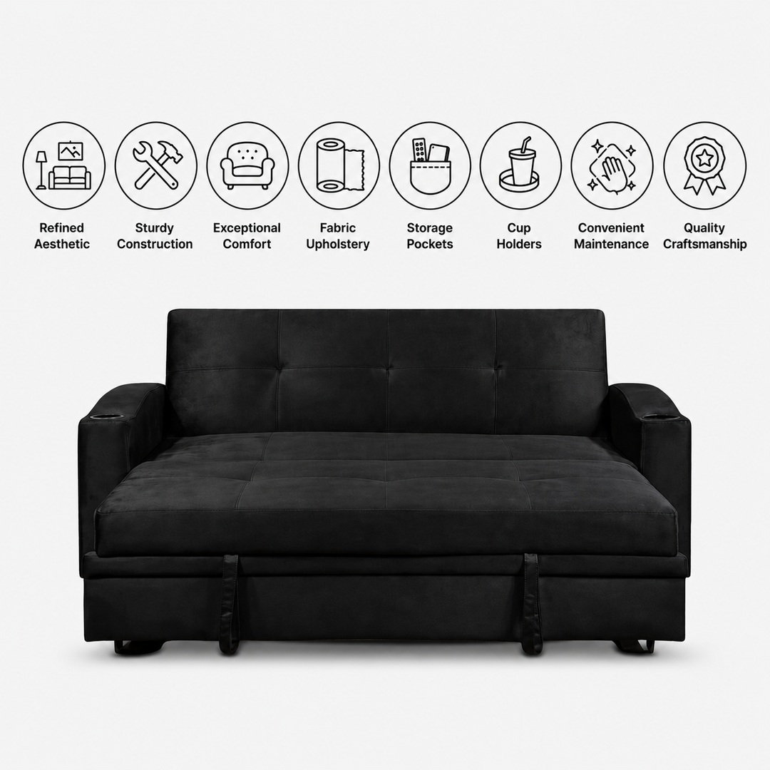 Hailey Fabric Upholstered Sofa Bed With Cup Holders - Black