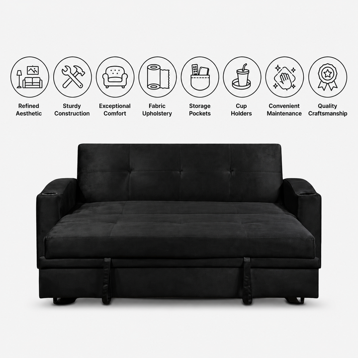 Hailey Fabric Upholstered Sofa Bed With Cup Holders - Black