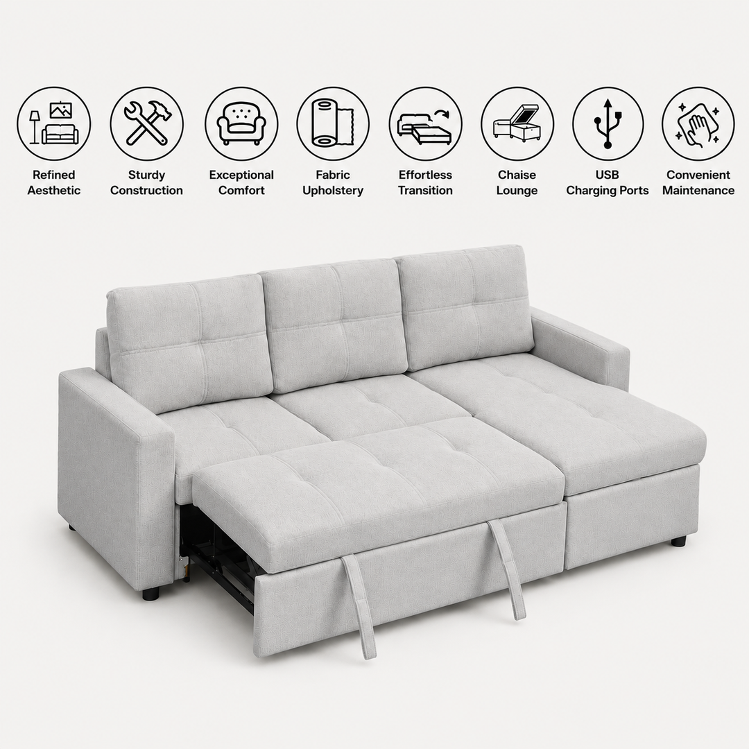Apollo Reversible Sectional Sofa Bed - Grey | Storage Chaise, USB Charging &amp; Fabric Upholstery