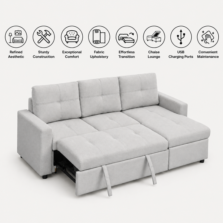 Apollo Reversible Sectional Sofa Bed - Grey | Storage Chaise, USB Charging &amp; Fabric Upholstery