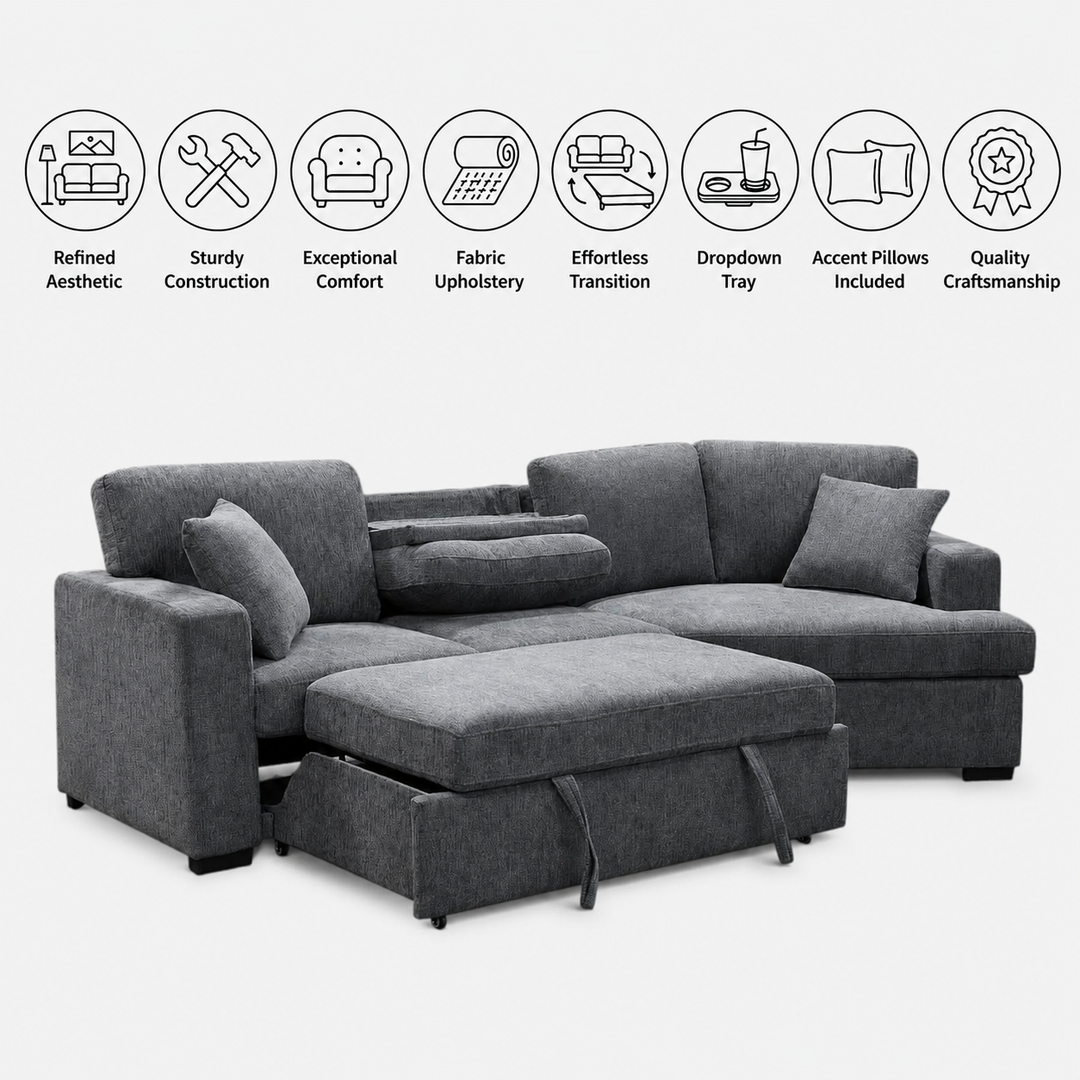 Avira Cuddler Corner Sofa Bed - Grey | Dropdown Tray, Cup Holders, Pull-Out Sleeper &amp; Fabric Upholstery