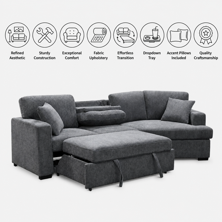 Avira Cuddler Corner Sofa Bed - Grey | Dropdown Tray, Cup Holders, Pull-Out Sleeper &amp; Fabric Upholstery