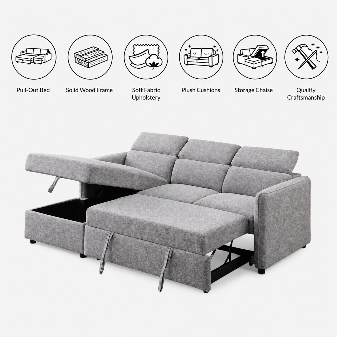 Faith Fabric Upholstered Sectional Sofa Bed With LHF Storage Chaise - Grey