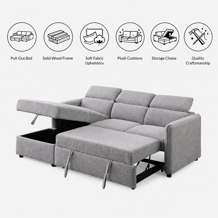 Faith Fabric Upholstered Sectional Sofa Bed With LHF Storage Chaise - Grey