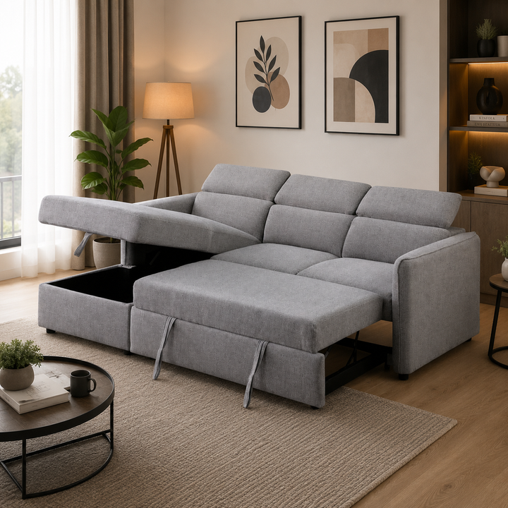 Faith Fabric Upholstered Sectional Sofa Bed With LHF Storage Chaise - Grey