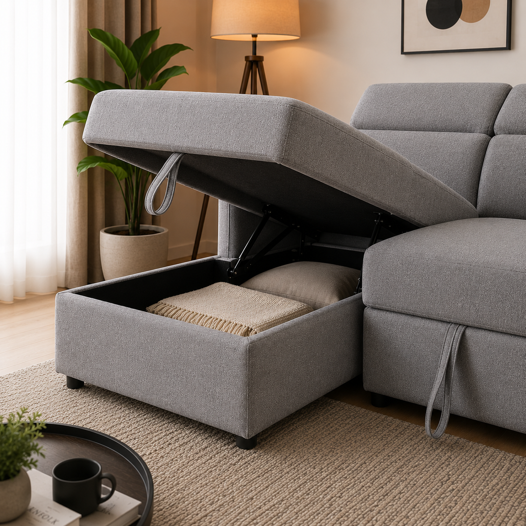 Faith Fabric Upholstered Sectional Sofa Bed With LHF Storage Chaise - Grey