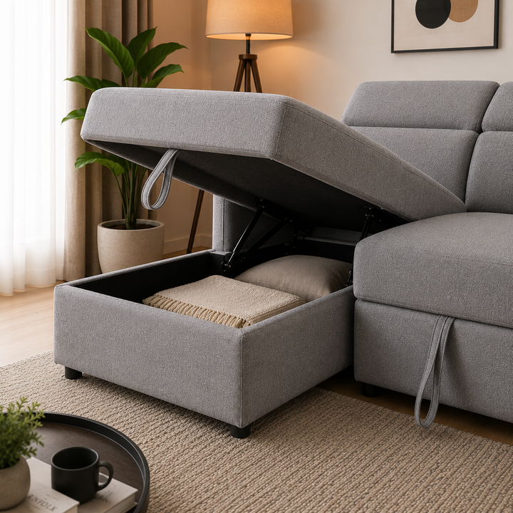 Faith Fabric Upholstered Sectional Sofa Bed With LHF Storage Chaise - Grey