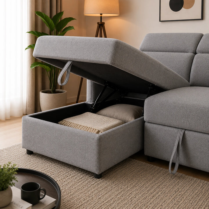 Faith Fabric Upholstered Sectional Sofa Bed With LHF Storage Chaise - Grey