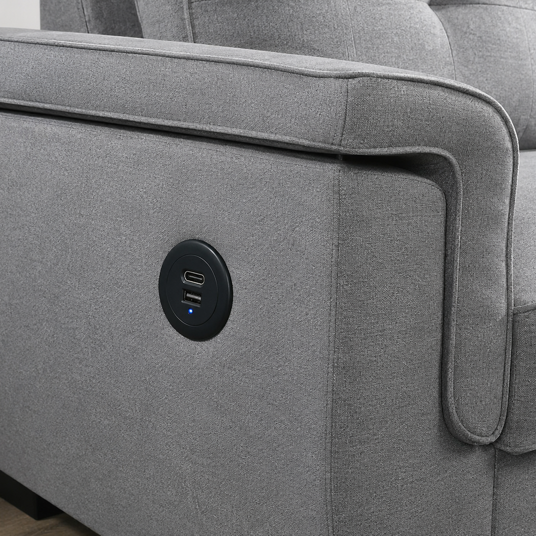 Marcus Sectional Sofa Bed In Fabric Upholstery - Light Grey | Reversible Chaise, USB Charging &amp; Pull Out Sleeper
