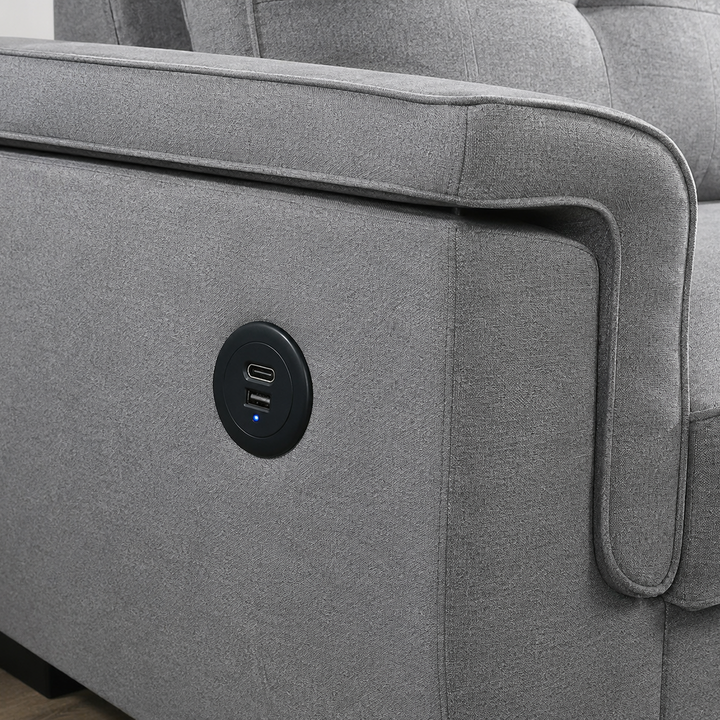 Marcus Sectional Sofa Bed In Fabric Upholstery - Light Grey | Reversible Chaise, USB Charging &amp; Pull Out Sleeper