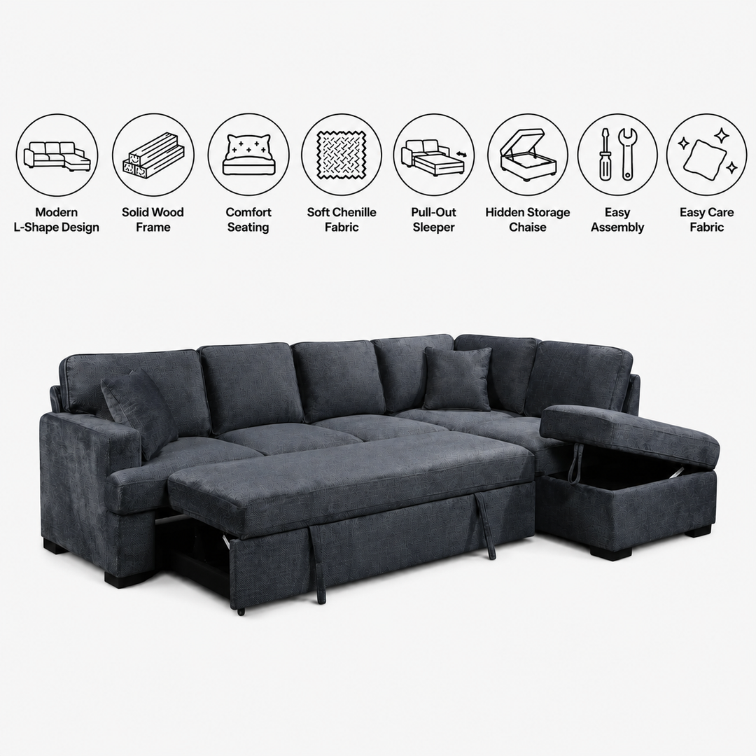 Maldon Fabric Upholstered RAF Sectional Sofa Bed With Storage Chaise - Grey