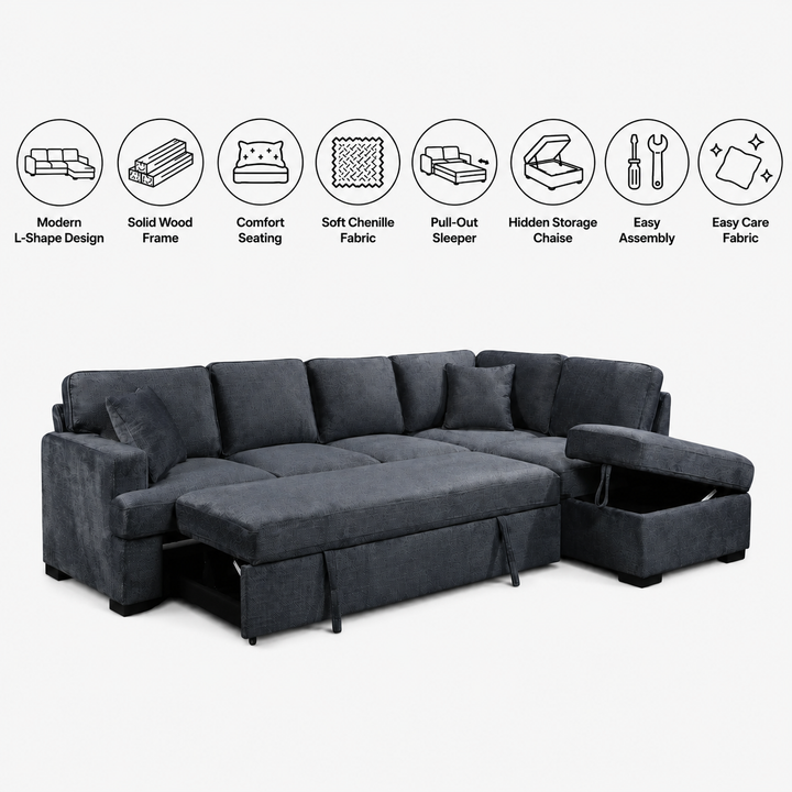 Maldon Fabric Upholstered RAF Sectional Sofa Bed With Storage Chaise - Grey
