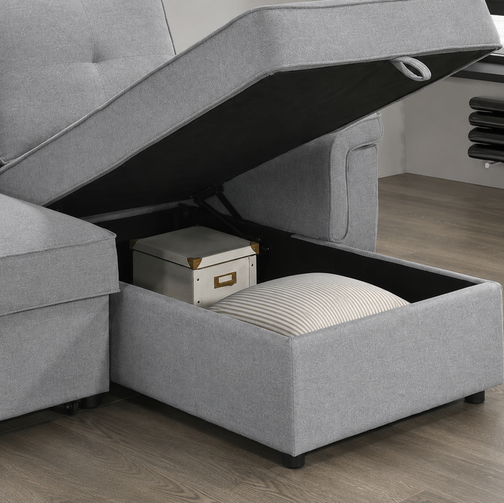 Marcus Sectional Sofa Bed In Fabric Upholstery - Light Grey | Reversible Chaise, USB Charging &amp; Pull Out Sleeper