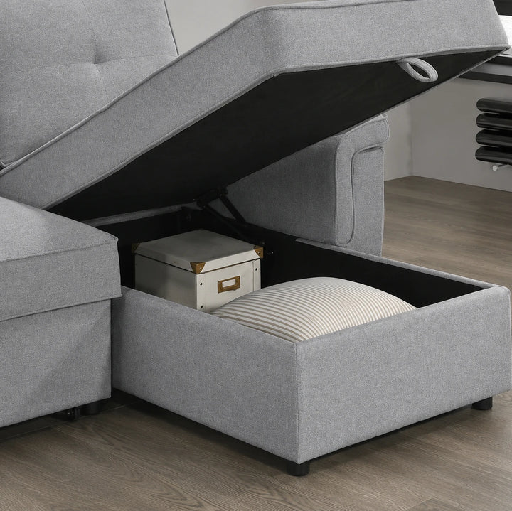 Marcus Sectional Sofa Bed In Fabric Upholstery - Light Grey | Reversible Chaise, USB Charging &amp; Pull Out Sleeper