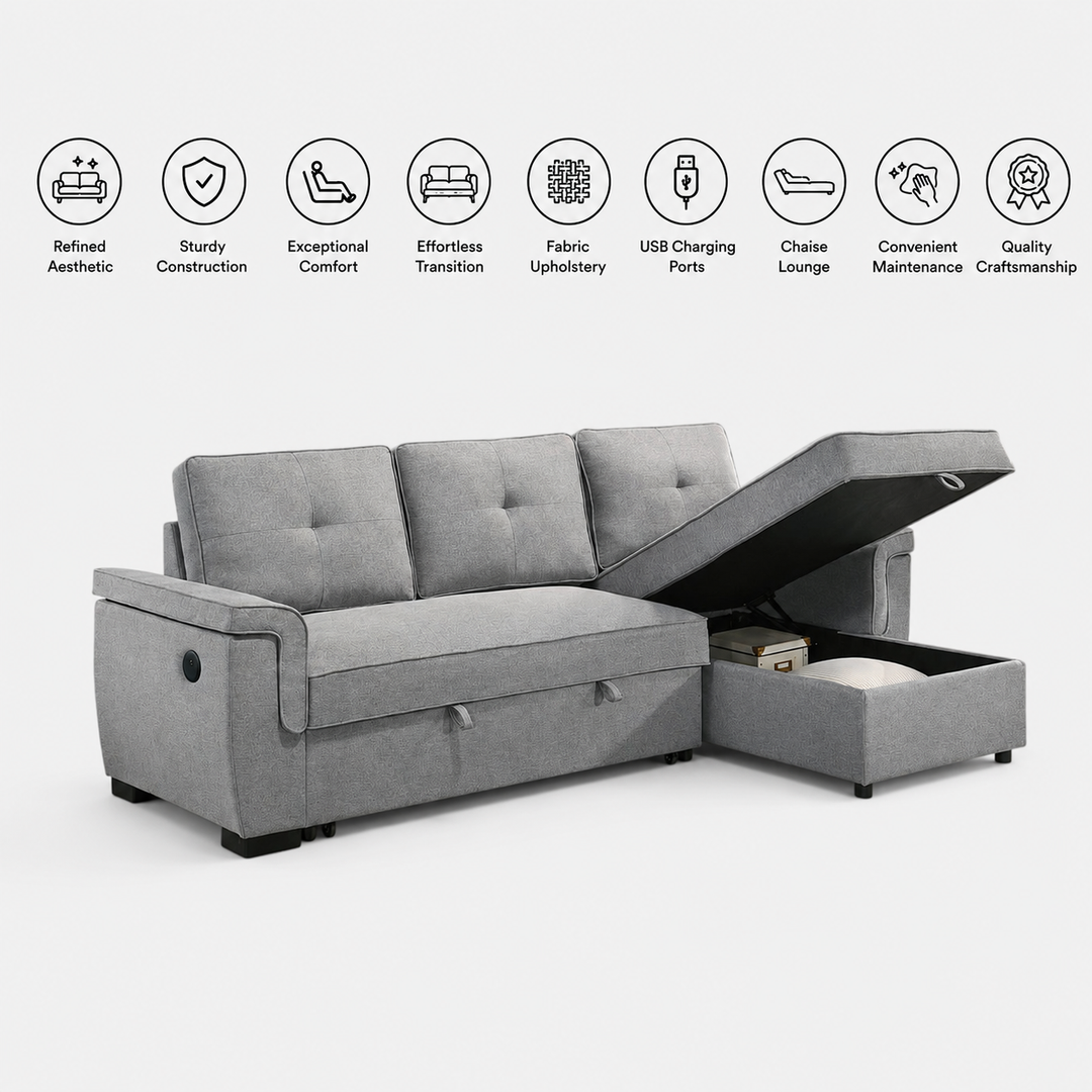 Marcus Sectional Sofa Bed In Fabric Upholstery - Light Grey | Reversible Chaise, USB Charging &amp; Pull Out Sleeper