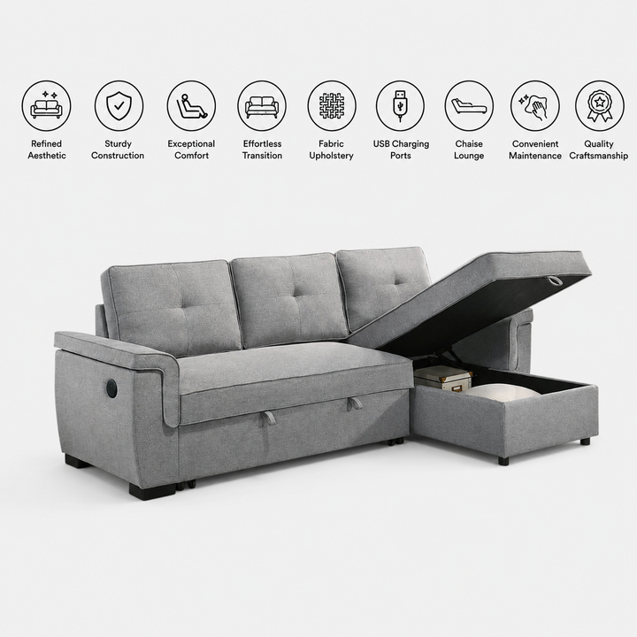 Marcus Sectional Sofa Bed In Fabric Upholstery - Light Grey | Reversible Chaise, USB Charging &amp; Pull Out Sleeper
