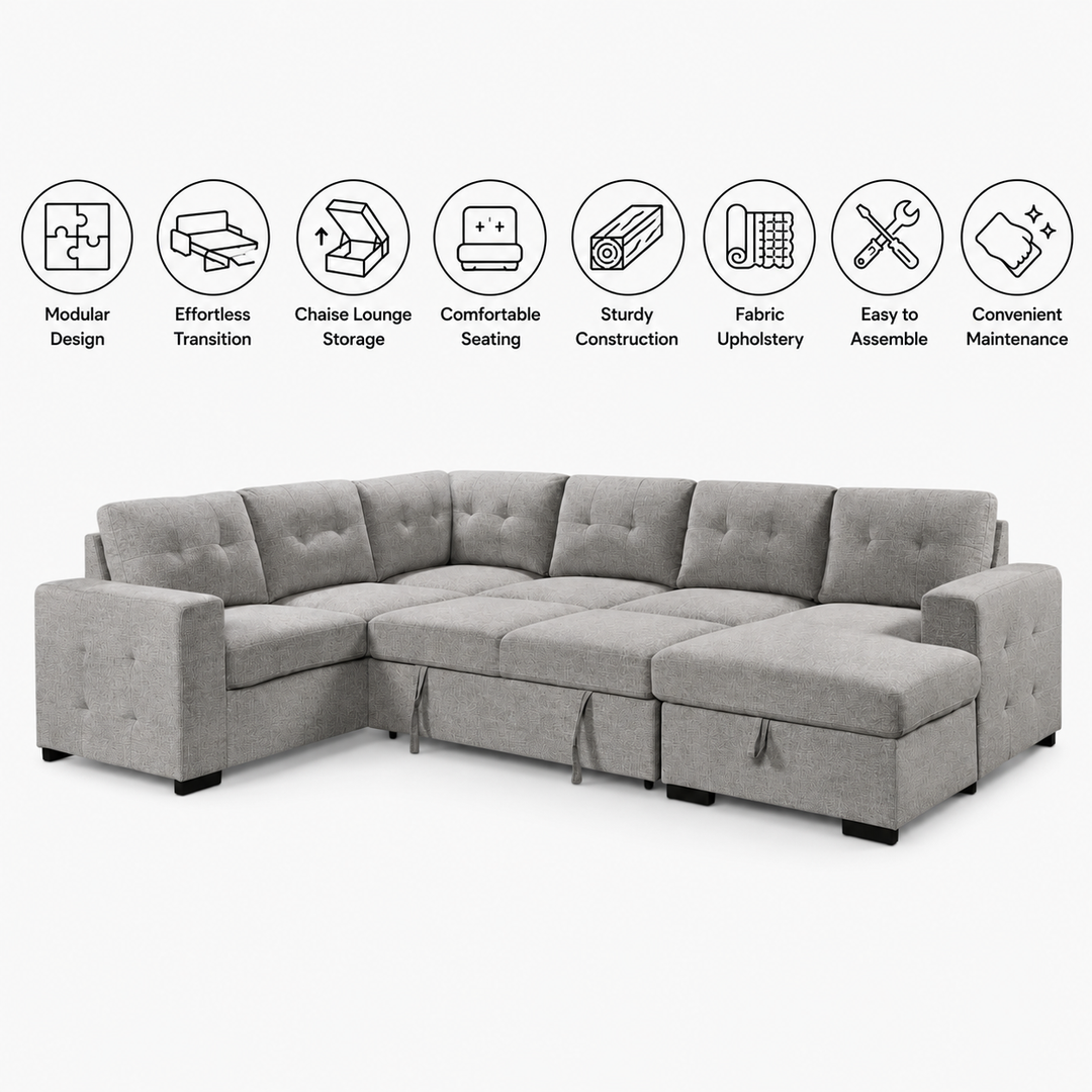 Roston RAF Sectional Sofa Bed In Fabric Upholstery - Grey