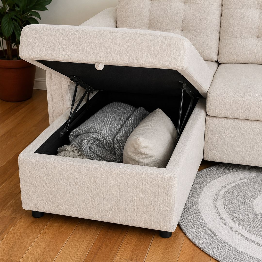 Céleste Beige Fabric Sectional Sofa Bed with Reversible Storage Chaise