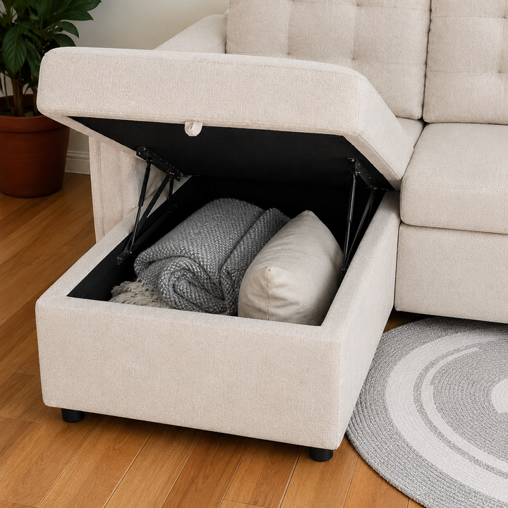 Céleste Beige Fabric Sectional Sofa Bed with Reversible Storage Chaise