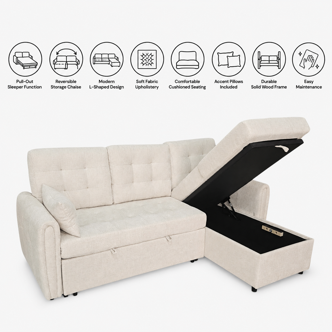 Céleste Beige Fabric Sectional Sofa Bed with Reversible Storage Chaise