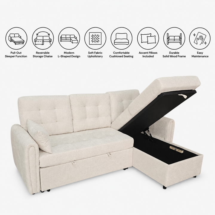 Céleste Beige Fabric Sectional Sofa Bed with Reversible Storage Chaise