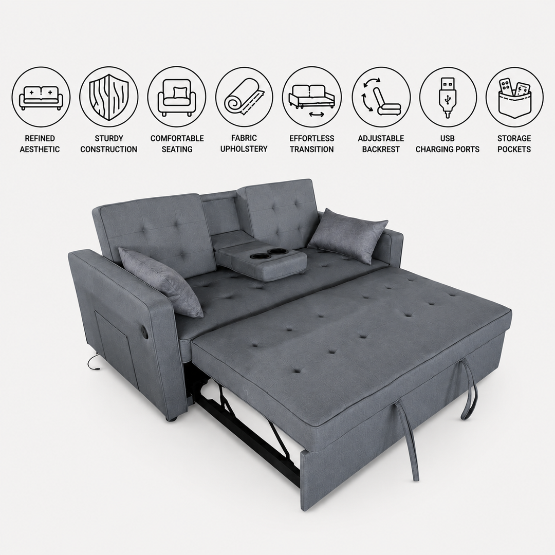 Sophia Fabric Upholstered Sofa Bed With USB Charging Ports - Dark Grey