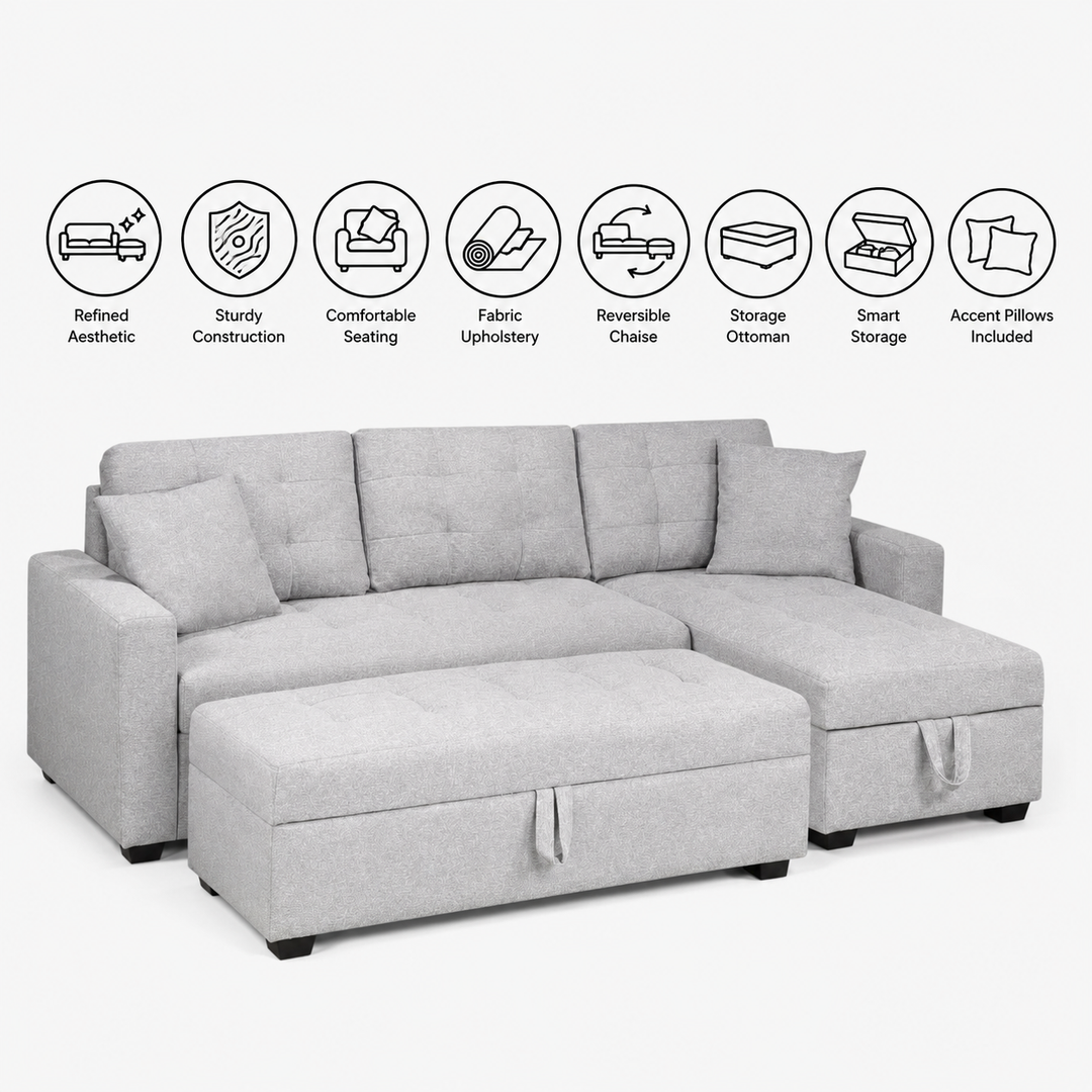 Gala Fabric Upholstered Reversible Sectional Sofa Bed With Ottoman - Light Grey | Timeless, Comfortable, Durable &amp; Storage Solution