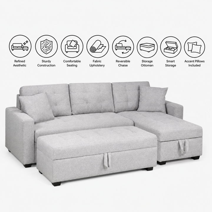 Gala Fabric Upholstered Reversible Sectional Sofa Bed With Ottoman - Light Grey | Timeless, Comfortable, Durable &amp; Storage Solution