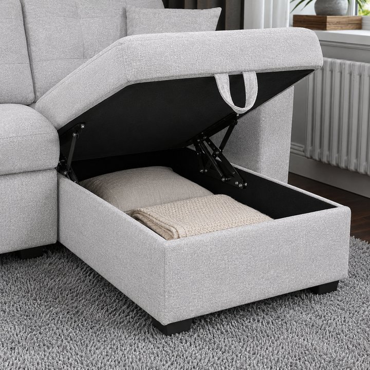 Gala Fabric Upholstered Reversible Sectional Sofa Bed With Ottoman - Light Grey | Timeless, Comfortable, Durable &amp; Storage Solution