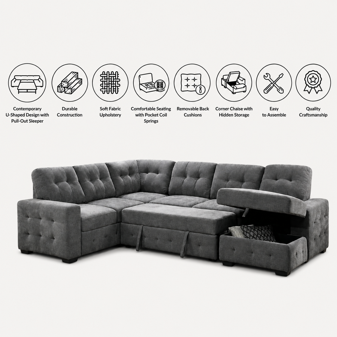 Chilas Sectional Sofa Bed With RHF Storage Chaise &amp; Corner Couch - Grey