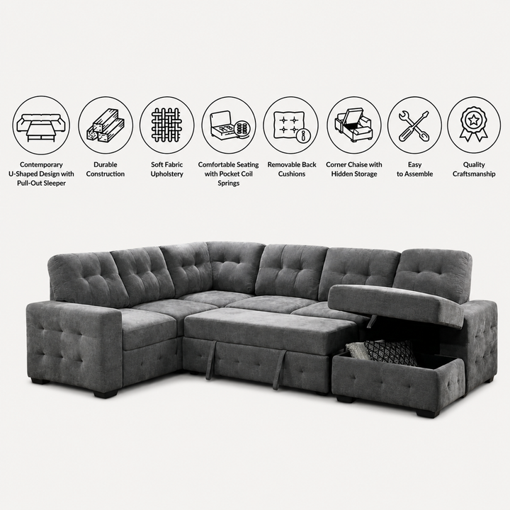 Chilas Sectional Sofa Bed With RHF Storage Chaise &amp; Corner Couch - Grey