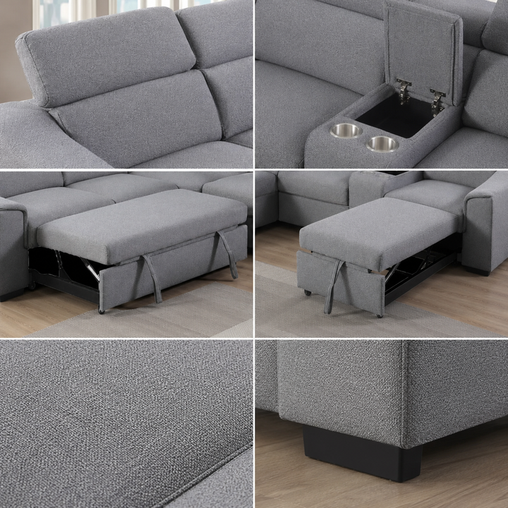 Starlight Sleeper Sectional Sofa In Fabric Upholstery - Grey