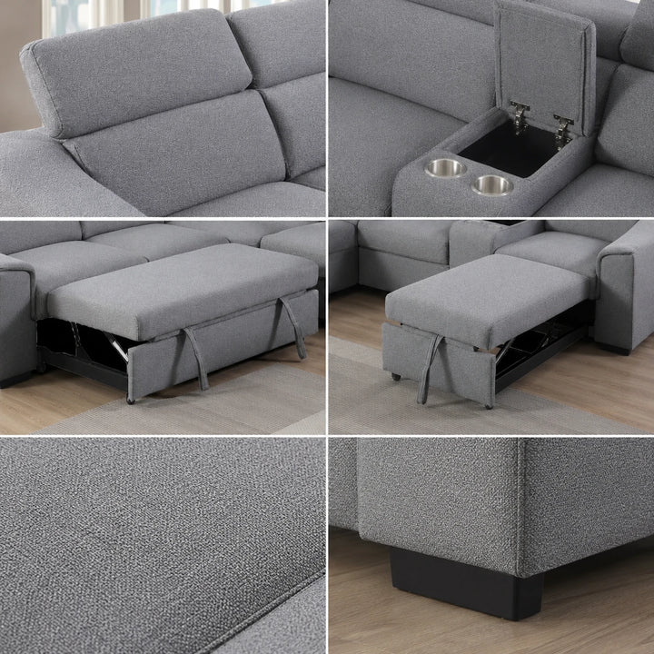 Starlight Sleeper Sectional Sofa In Fabric Upholstery - Grey