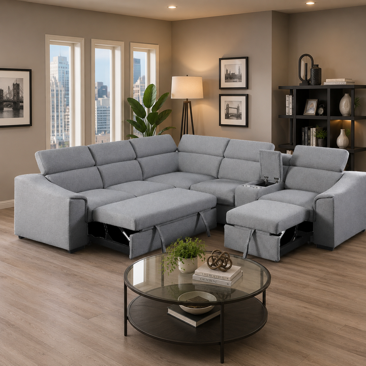 Starlight Sleeper Sectional Sofa In Fabric Upholstery - Grey