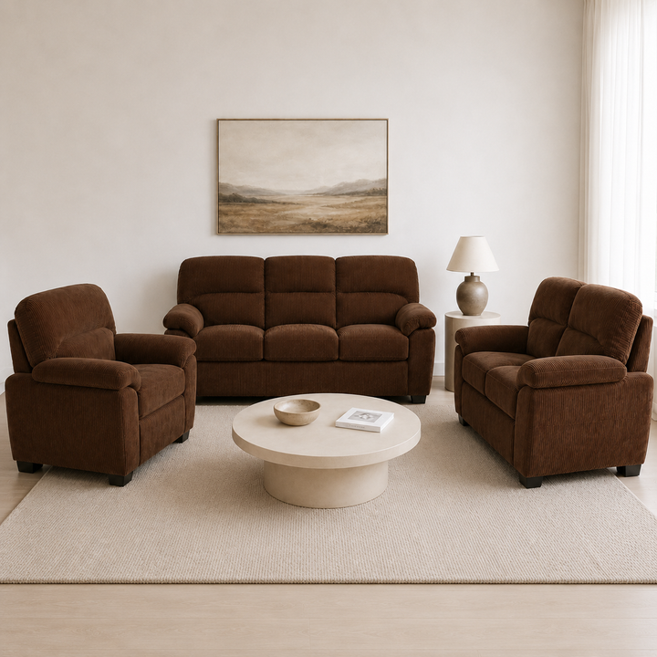Rolex 3-Piece Brown Stationary Sofa Set In Fabric Upholstery