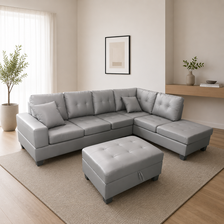 Marcel Grey PU Leather Upholstered Sectional Sofa With Reversible Chaise