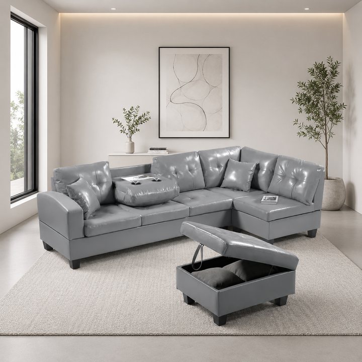 Marcel Grey PU Leather Upholstered Sectional Sofa With Reversible Chaise