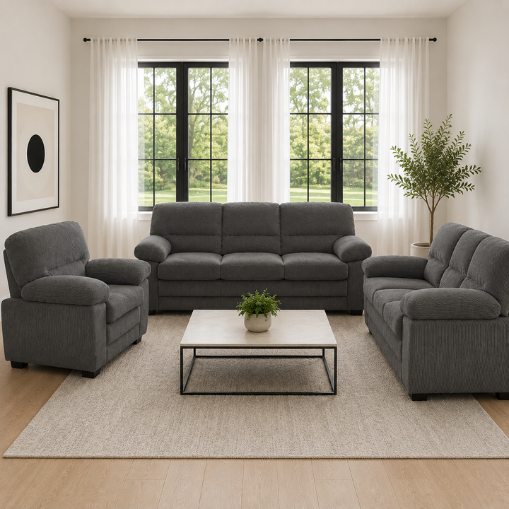Rolex 3-Piece Dark Grey Stationary Sofa Set In Fabric