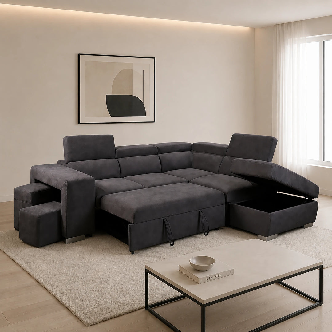 Vibe Fabric Upholstered Sectional Sofa Bed with USB Charging Ports &amp; Storage - Grey