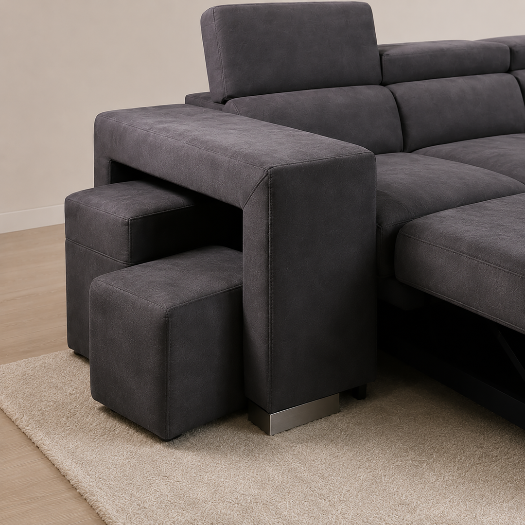 Vibe Fabric Upholstered Sectional Sofa Bed with USB Charging Ports &amp; Storage - Grey