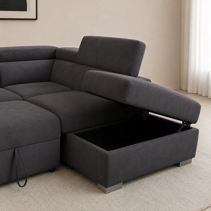 Vibe Fabric Upholstered Sectional Sofa Bed with USB Charging Ports &amp; Storage - Grey