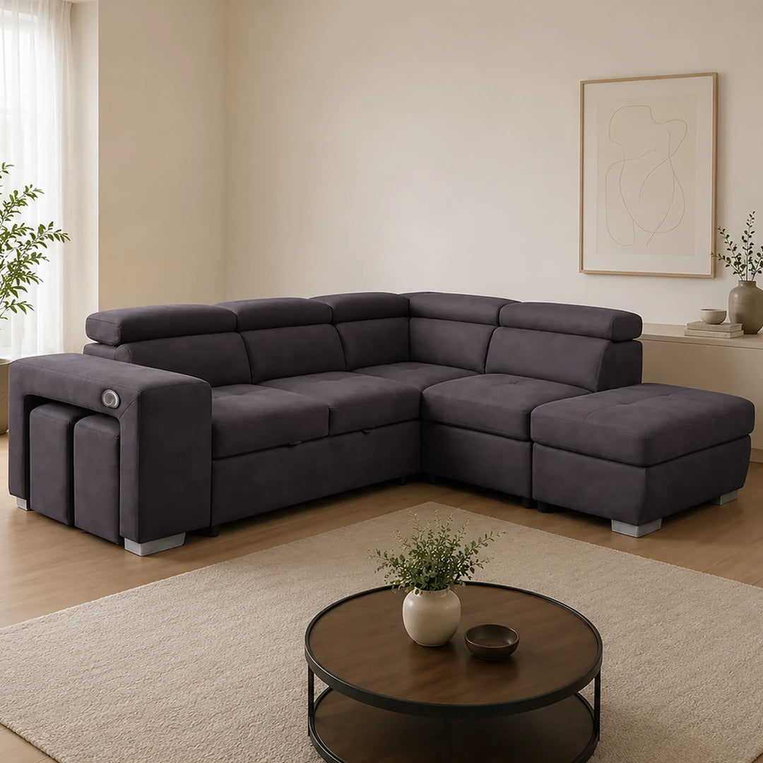 Vibe Fabric Upholstered Sectional Sofa Bed with USB Charging Ports &amp; Storage - Grey
