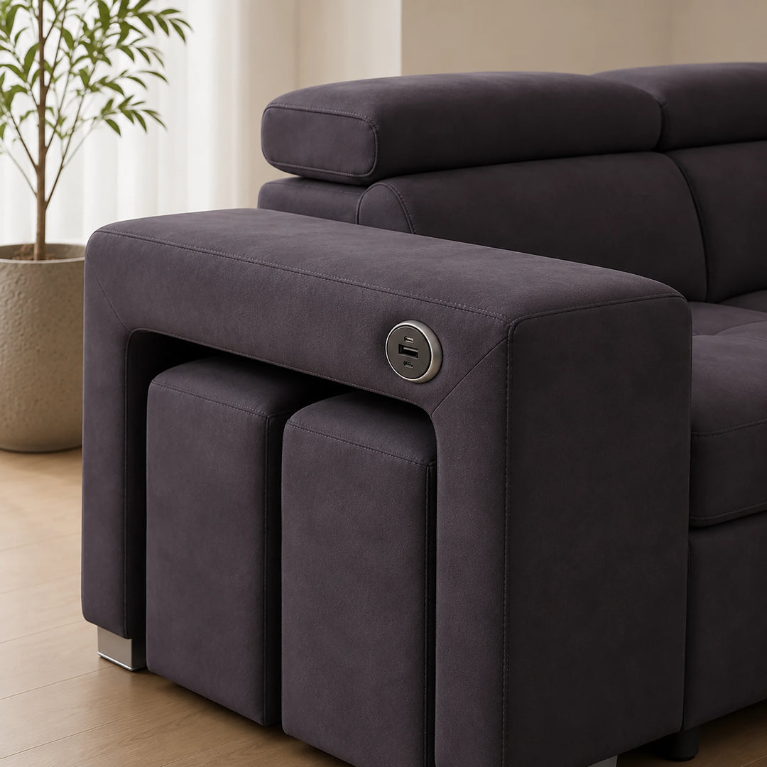 Vibe Fabric Upholstered Sectional Sofa Bed with USB Charging Ports &amp; Storage - Grey