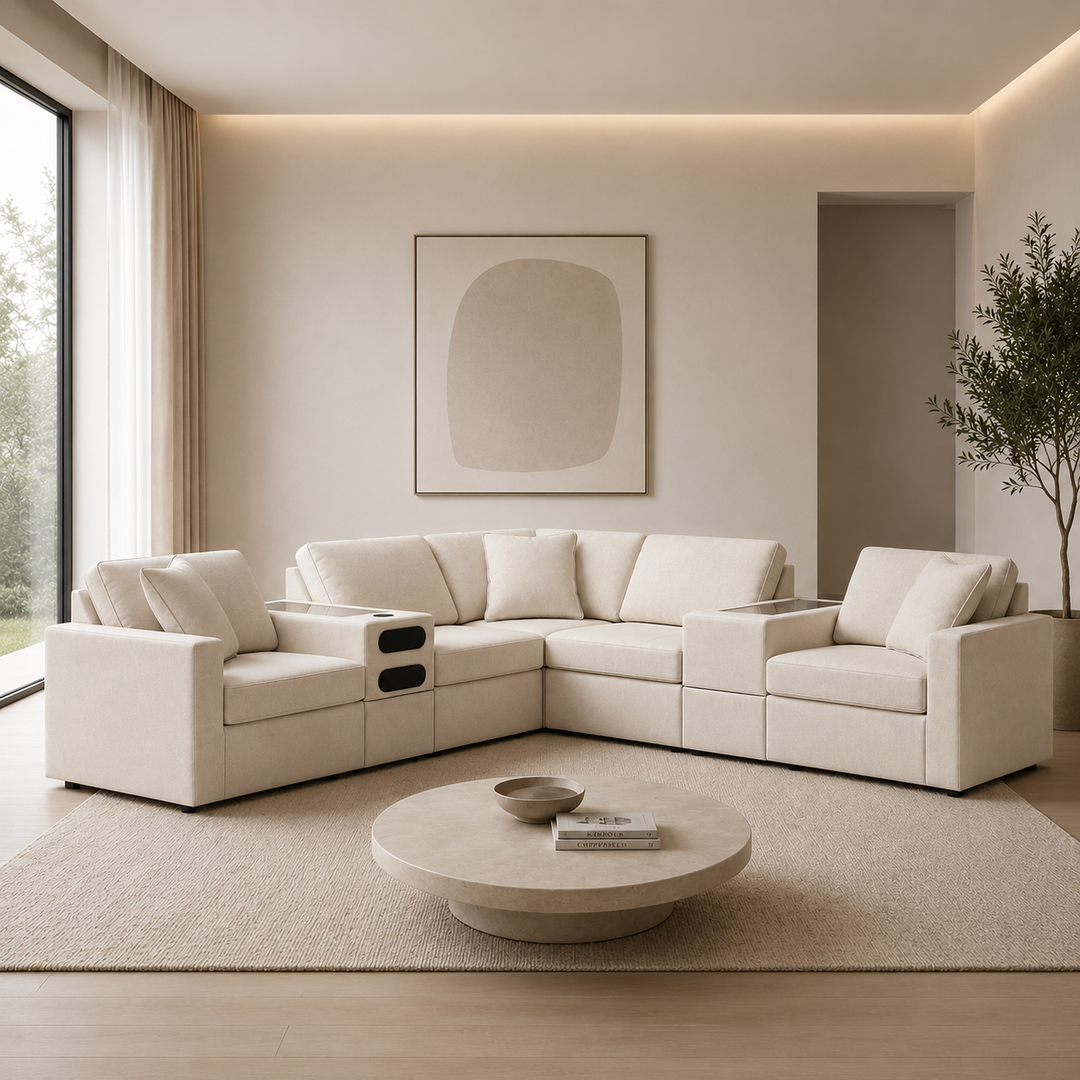 92103S69 Modmax 7-Piece Fabric Sectional Sofa With Storage &amp; Audio System Console - Oyster | Signature Design By Ashley