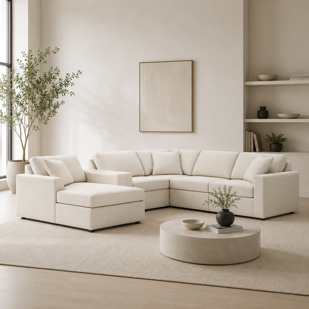 Modmax 6-Piece Fabric Sectional Sofa With Corner Chaise &amp; Storage Console- Oyster | Signature Design By Ashley