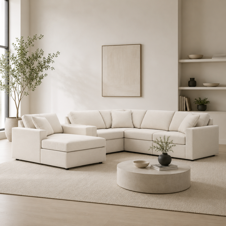 Modmax 6-Piece Fabric Sectional Sofa With Corner Chaise &amp; Storage Console- Oyster | Signature Design By Ashley