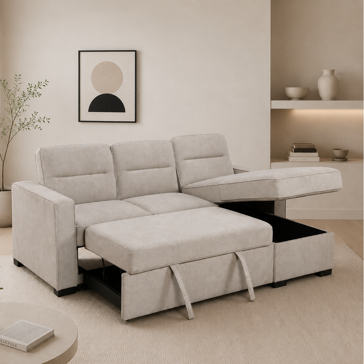 Menisia Taupe Fabric Sectional Sofa Bed with Reversible Storage Chaise - Room Setting