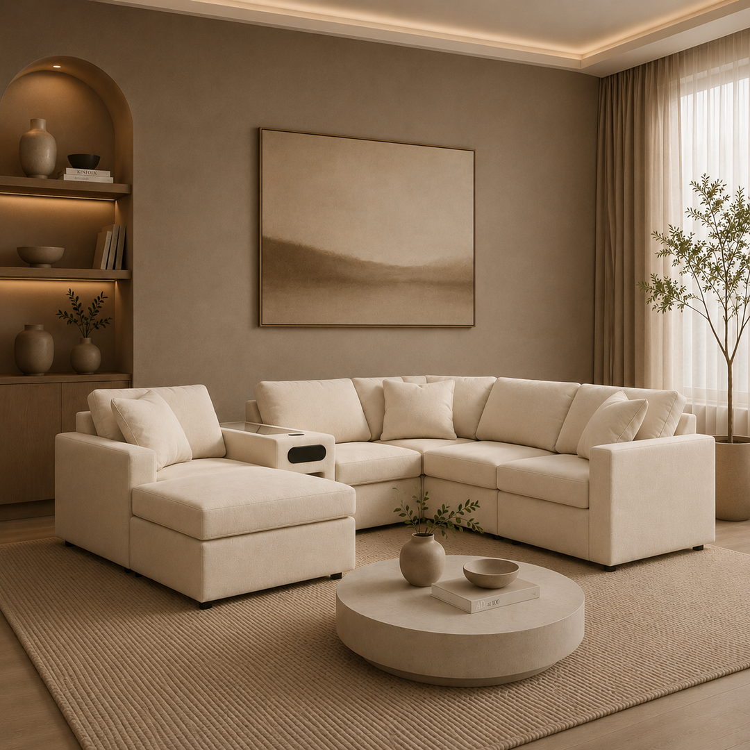Modmax 6-Piece Fabric Sectional Sofa With Corner Chaise &amp; Audio System Console - Oyster | Signature Design By Ashley