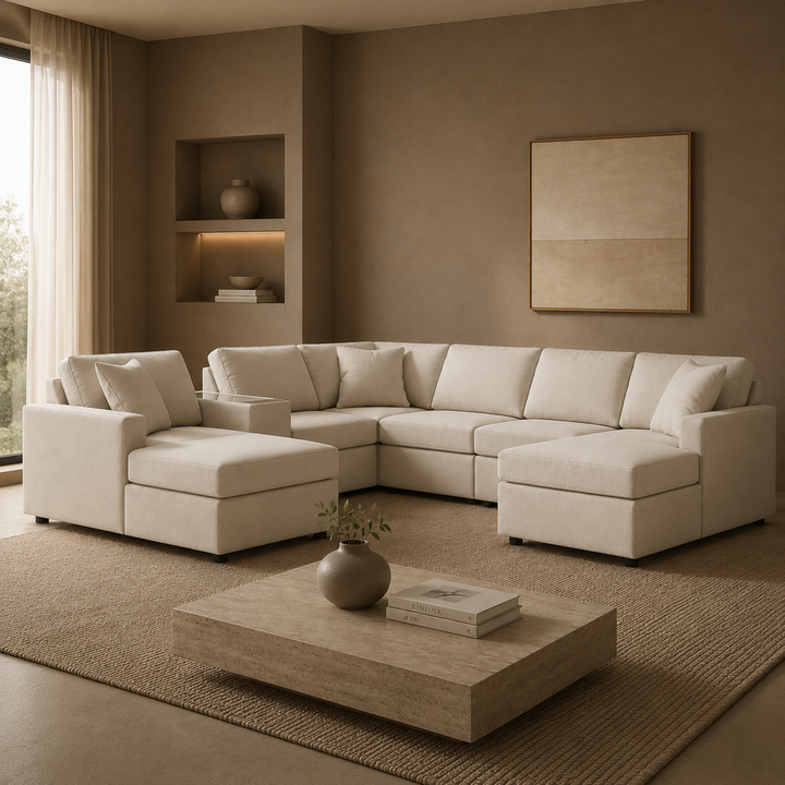92103S54 Modmax 7-Piece Fabric Sectional Sofa With Dual Chaise &amp; Storage Console - Oyster | Signature Design By Ashley