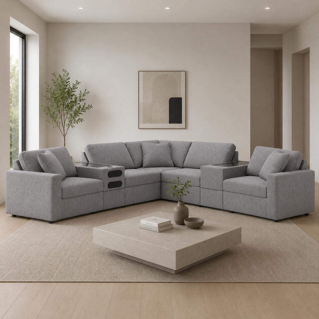92104S69 Modmax 7-Piece Fabric Sectional Sofa With Storage &amp; Audio System Console - Granite | Signature Design By Ashley